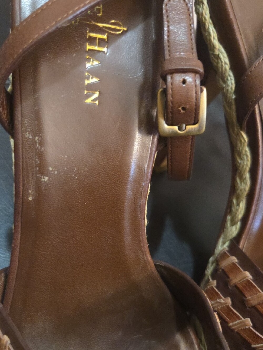 Cole Haan Vanessa Nike Air Brown Woven Leather Platform Heels Ankle Strap Sz 10 - Picture 10 of 13